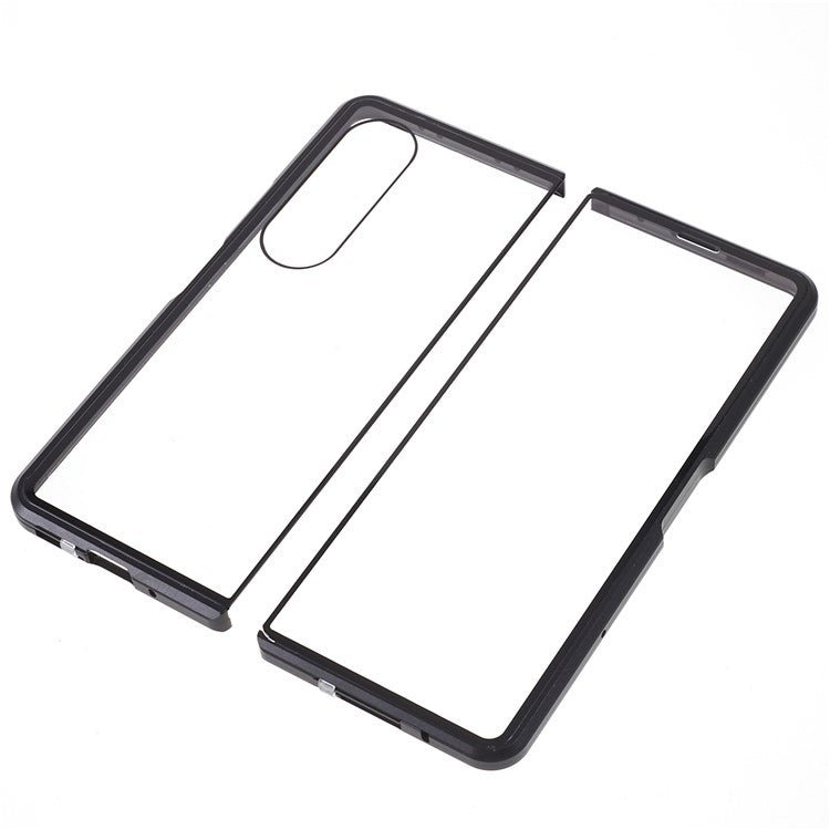 For Samsung Galaxy Z Fold4 5G Phone Case Magnetic Adsorption Metal Frame + Tempered Glass Clear Phone Cover - Black