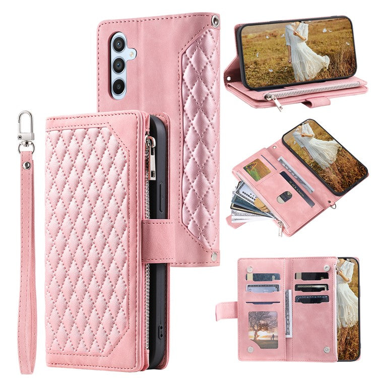 For Samsung Galaxy A25 5G (Global) (161.0 x 76.5 x 8.3mm) Rhombus Texture PU Leather Phone Case Shell Wallet Stand Cover with Hand Strap - Rose Gold