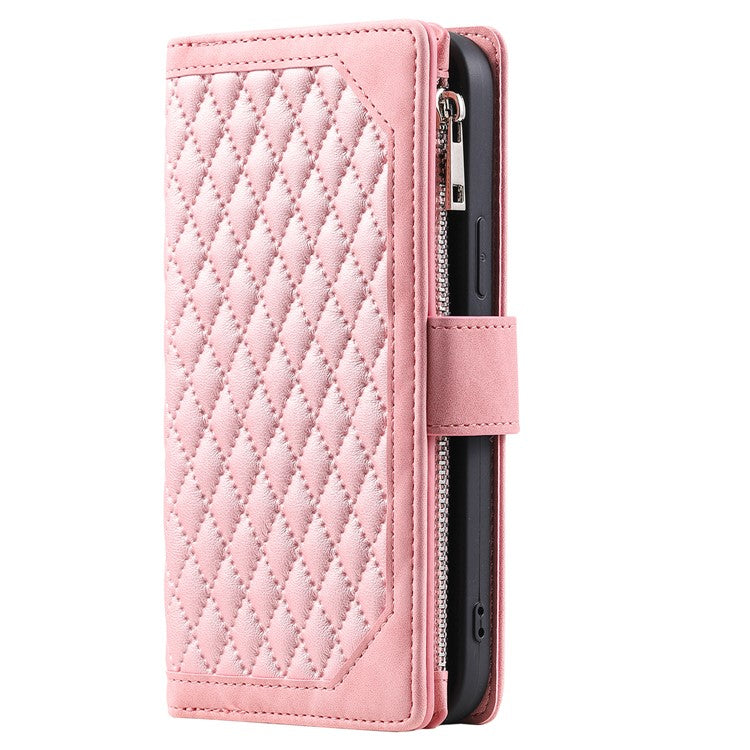 For Samsung Galaxy A25 5G (Global) (161.0 x 76.5 x 8.3mm) Rhombus Texture PU Leather Phone Case Shell Wallet Stand Cover with Hand Strap - Rose Gold