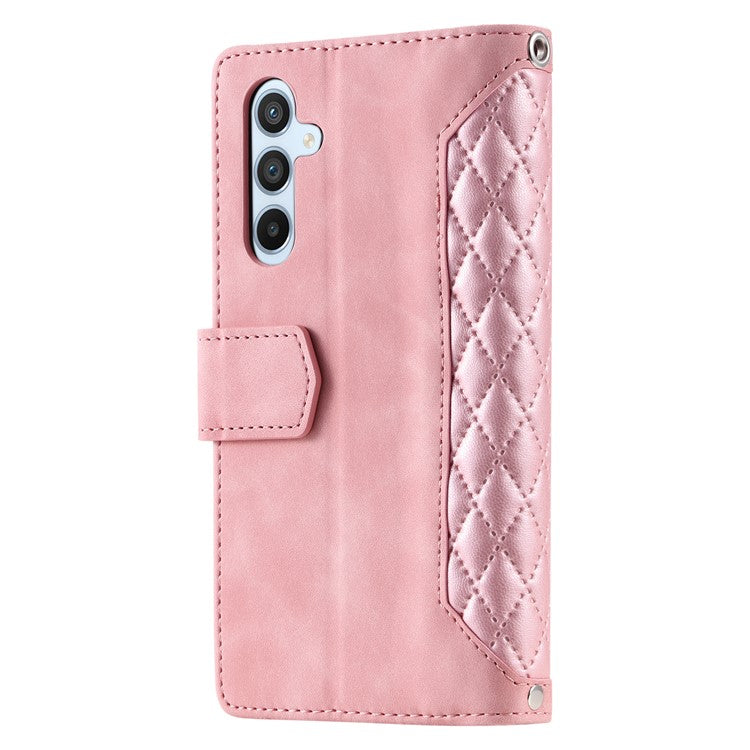 For Samsung Galaxy A25 5G (Global) (161.0 x 76.5 x 8.3mm) Rhombus Texture PU Leather Phone Case Shell Wallet Stand Cover with Hand Strap - Rose Gold