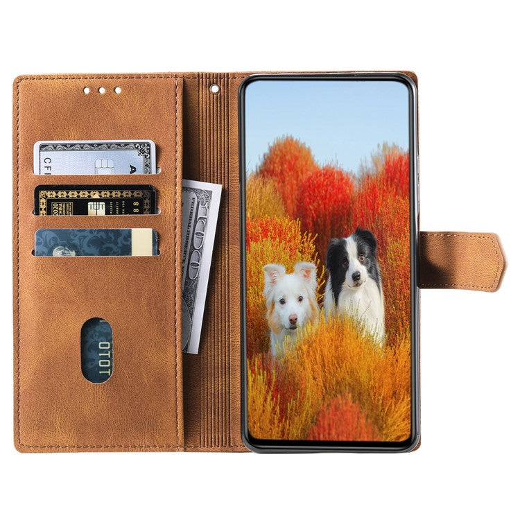 TTUDRCH Style 004 for Samsung Galaxy S23 FE Wrist Strap Splicing PU Leather Case RFID Blocking Wallet Foldable Stand Cover - Brown