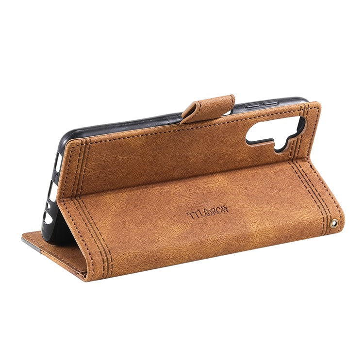 TTUDRCH Style 004 for Samsung Galaxy S23 FE Wrist Strap Splicing PU Leather Case RFID Blocking Wallet Foldable Stand Cover - Brown