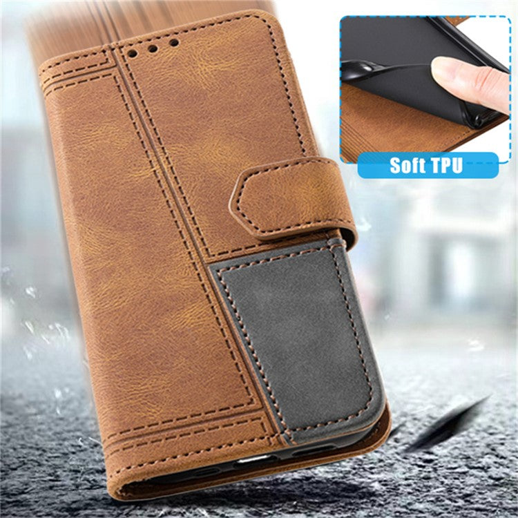 TTUDRCH Style 004 for Samsung Galaxy S23 FE Wrist Strap Splicing PU Leather Case RFID Blocking Wallet Foldable Stand Cover - Brown