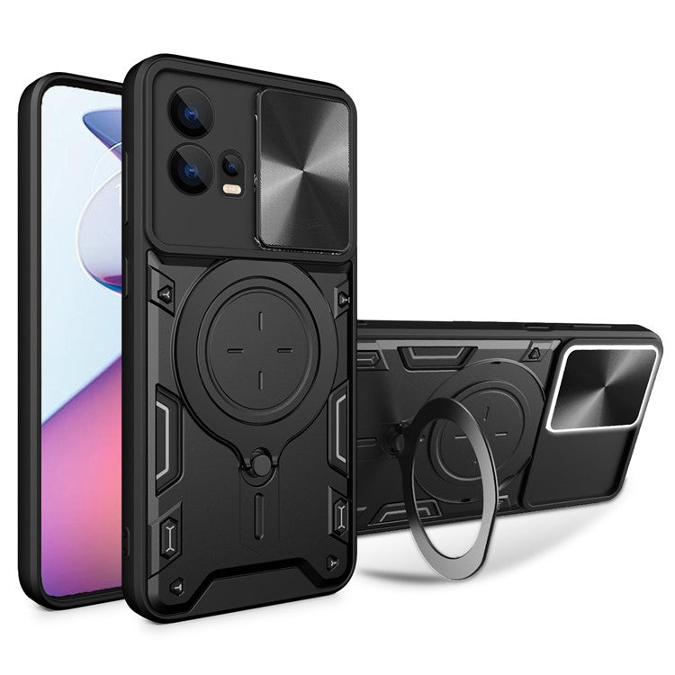 For Motorola Edge 30 Fusion 5G / Moto S30 Pro 5G Phone Cover Slide Camera Lid PC+TPU Case with Ring Kickstand - Black