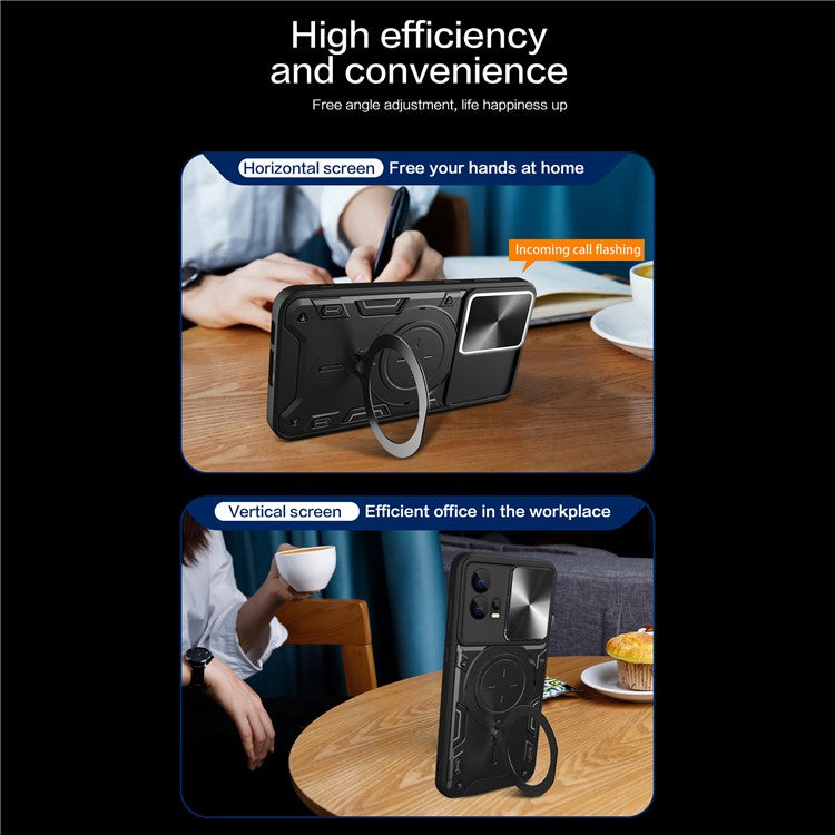 For Motorola Edge 30 Fusion 5G / Moto S30 Pro 5G Phone Cover Slide Camera Lid PC+TPU Case with Ring Kickstand - Black