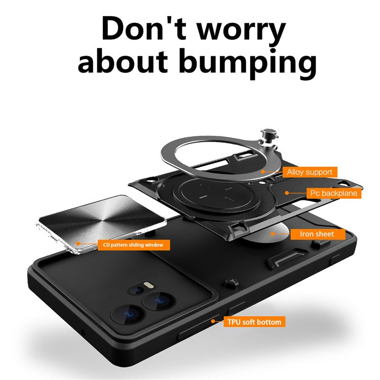 For Motorola Edge 30 Fusion 5G / Moto S30 Pro 5G Phone Cover Slide Camera Lid PC+TPU Case with Ring Kickstand - Black