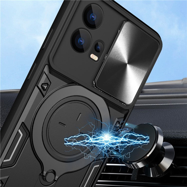 For Motorola Edge 30 Fusion 5G / Moto S30 Pro 5G Phone Cover Slide Camera Lid PC+TPU Case with Ring Kickstand - Black