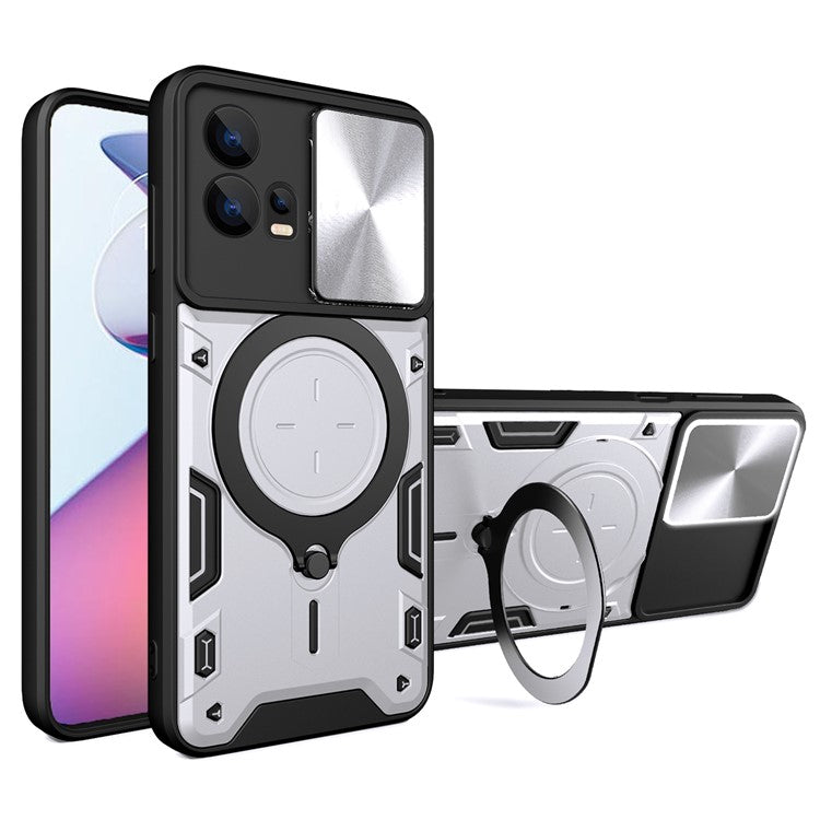 For Motorola Edge 30 Fusion 5G / Moto S30 Pro 5G Phone Cover Slide Camera Lid PC+TPU Case with Ring Kickstand - Silver