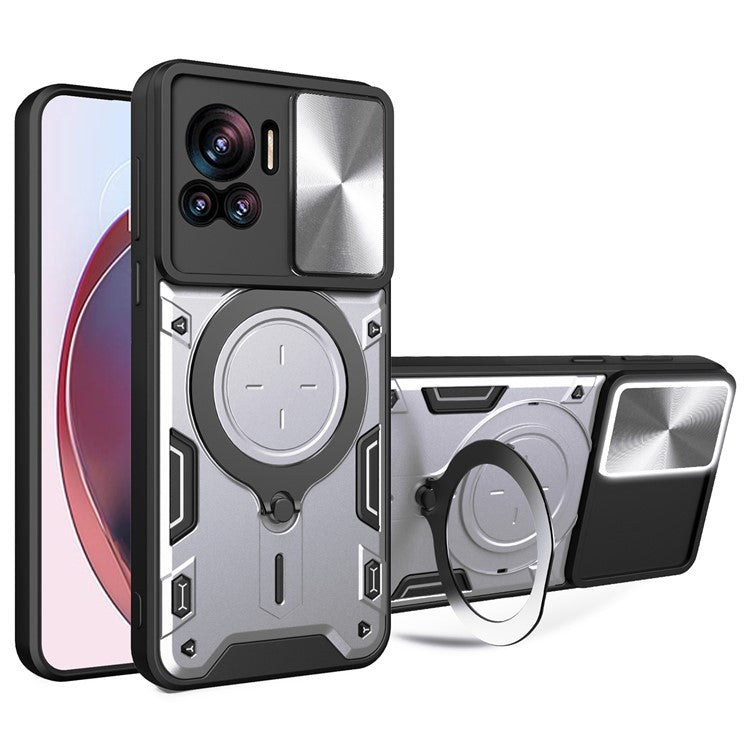 PC+TPU Cover for Motorola Edge 30 Ultra 5G / Moto X30 Pro 5G Slide Camera Lid Ring Kickstand Phone Back Protector Case - Silver