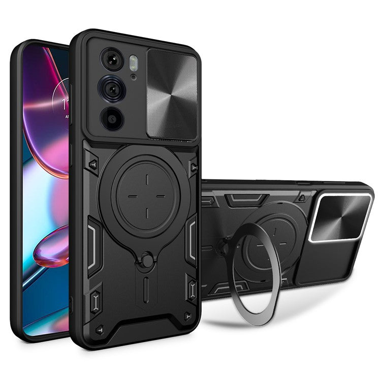 For Motorola Edge 30 Pro (Motorola Edge+ (2022)) Slide Camera Lid Ring Kickstand PC+TPU Phone Case - Black