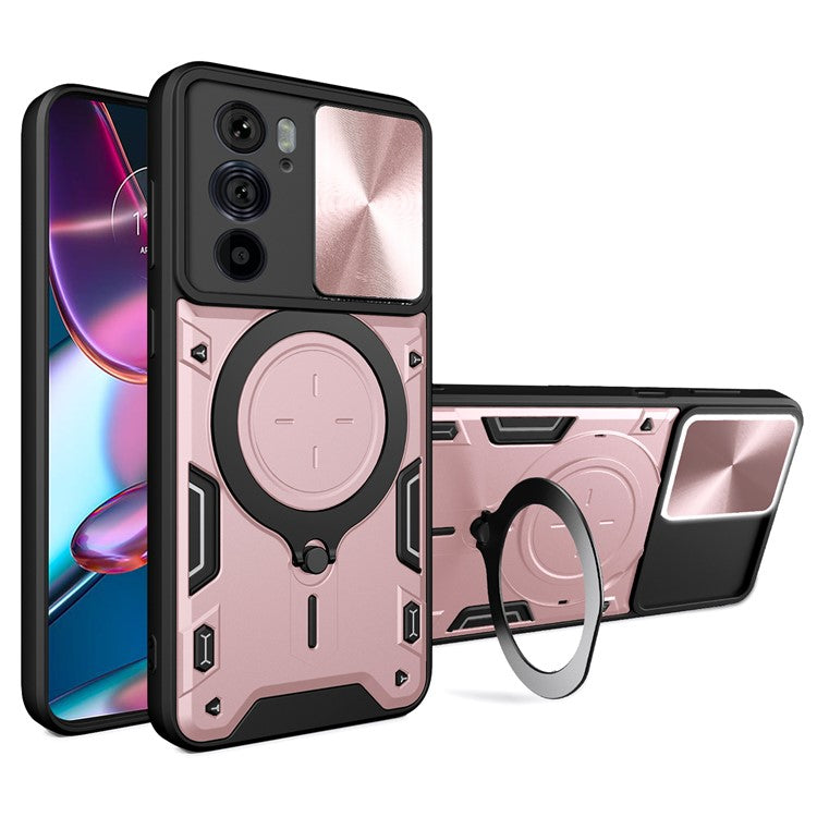 For Motorola Edge 30 Pro (Motorola Edge+ (2022)) Slide Camera Lid Ring Kickstand PC+TPU Phone Case - Pink