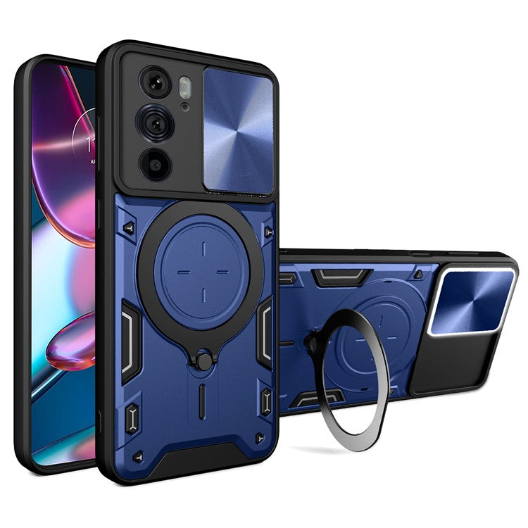 For Motorola Edge 30 Pro (Motorola Edge+ (2022)) Slide Camera Lid Ring Kickstand PC+TPU Phone Case - Blue