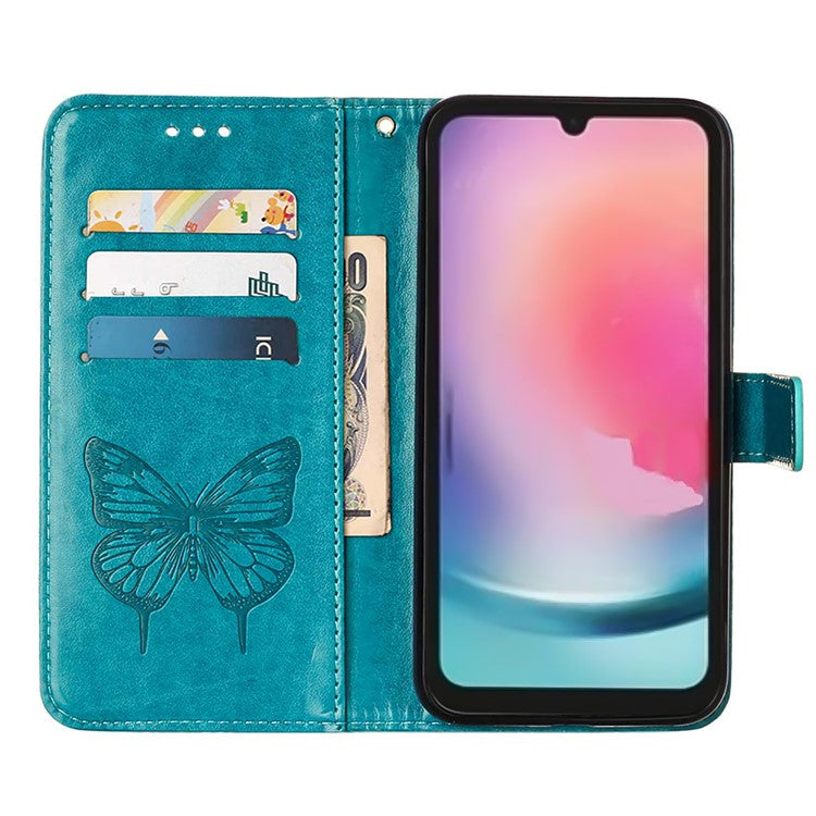 YB Imprinting Series-4 For Samsung Galaxy S23 FE Leather Wallet Case Butterfly Imprinted Phone Stand Cover with Strap - Blue