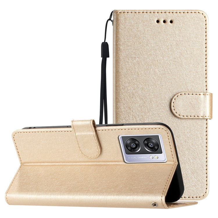 Silk Texture Shell for Oppo A57 (2022) 5G / A77 5G Wallet Phone Case Leather Cover with Wrist Strap - Gold