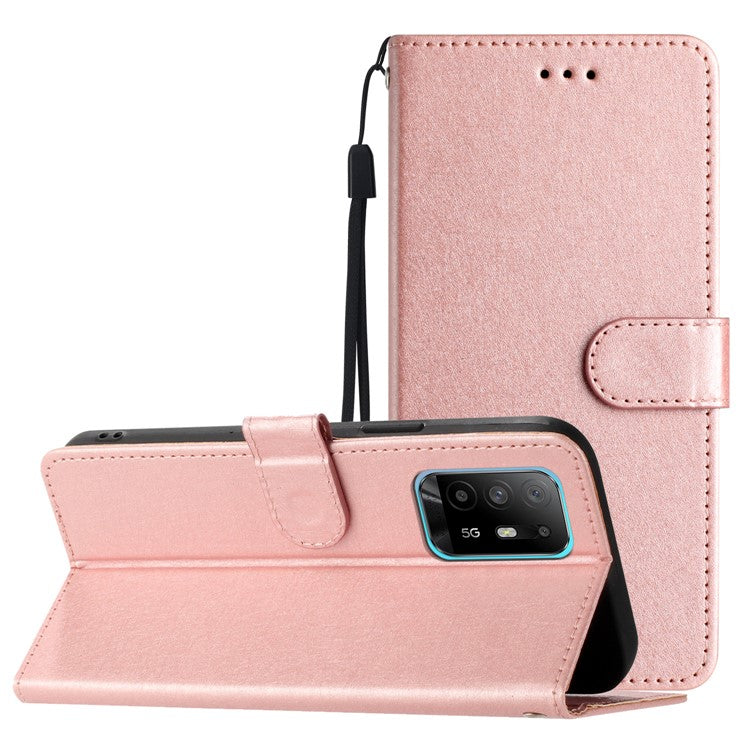 Stand Shell for Oppo A94 5G Bump Proof Wallet Phone Case Silk Texture Leather Cover with Wrist Strap - Rose Gold