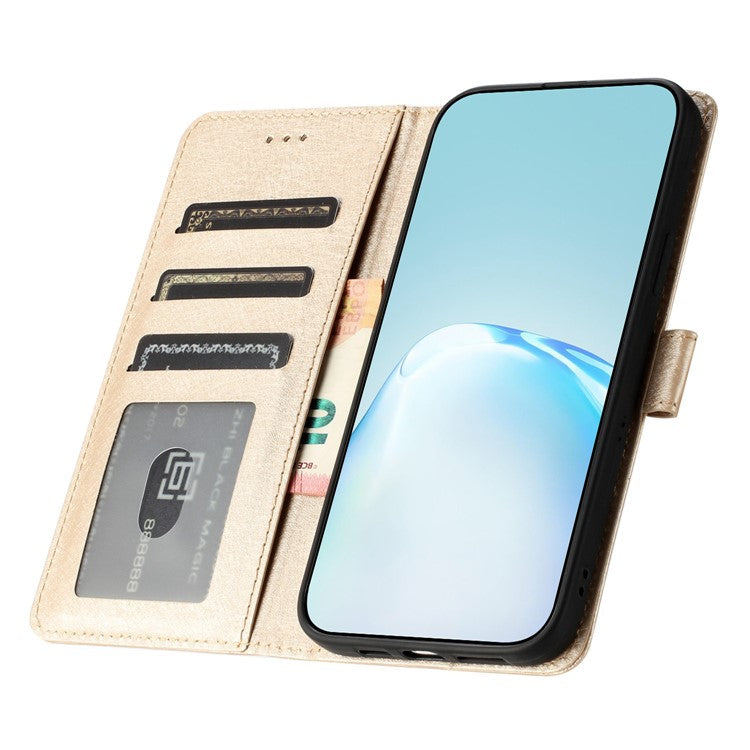 Stand Shell for Oppo A94 5G Bump Proof Wallet Phone Case Silk Texture Leather Cover with Wrist Strap - Gold