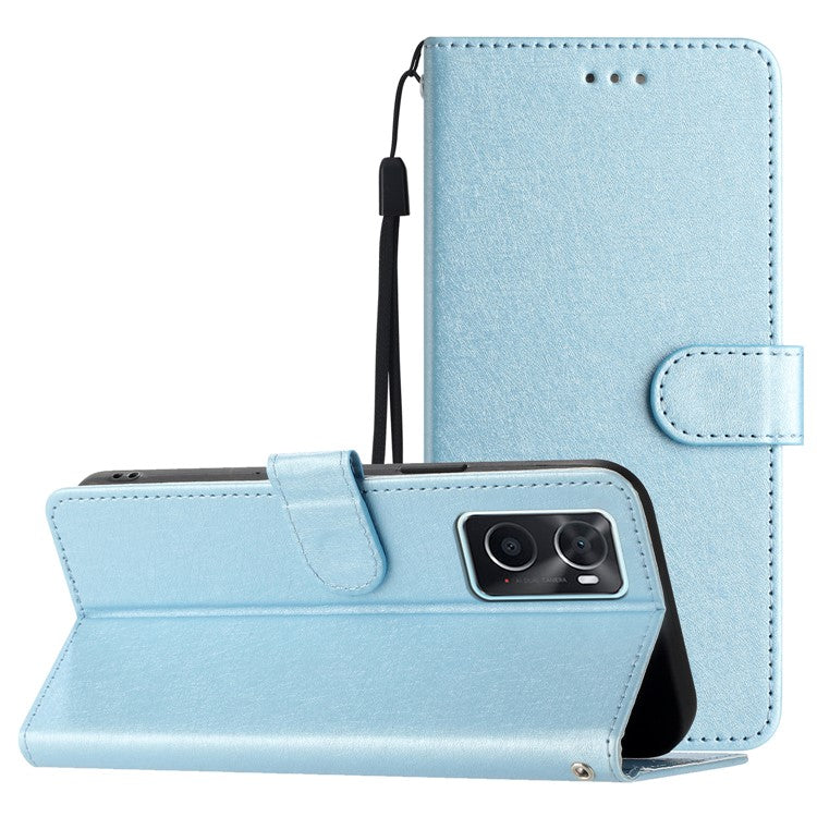 Stand Shell for Oppo A76 / A36 / A96 4G Silk Texture Wallet Phone Case Leather Cover with Wrist Strap - Sky Blue