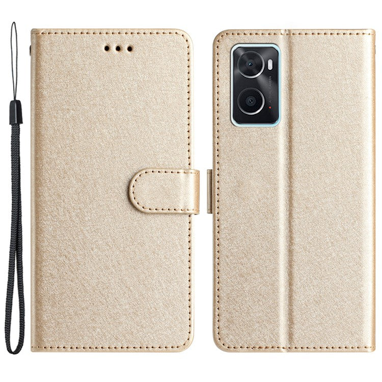 Stand Shell for Oppo A76 / A36 / A96 4G Silk Texture Wallet Phone Case Leather Cover with Wrist Strap - Gold