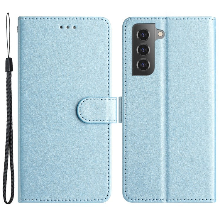 For Samsung Galaxy S21 5G / 4G Slim-Fit PU Leather Stand Cover Hand Strap Silk Texture Flip Case Wallet - Sky Blue