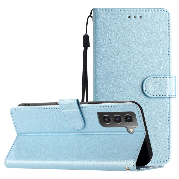 For Samsung Galaxy S21 5G / 4G Slim-Fit PU Leather Stand Cover Hand Strap Silk Texture Flip Case Wallet - Sky Blue