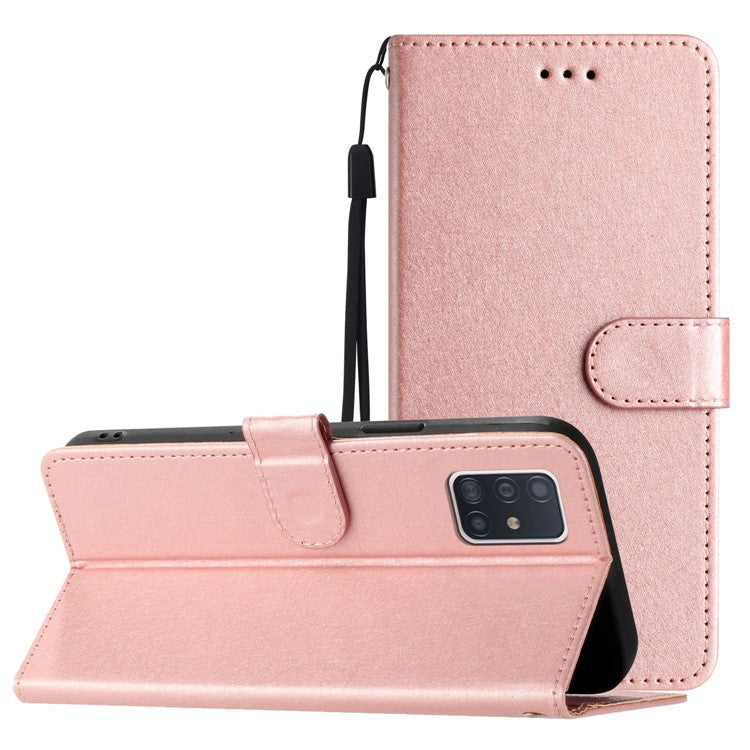 For Samsung Galaxy A51 4G SM-A515 Anti-drop Leather Phone Wallet Stand Cover Silk Texture Case with Hand Strap - Rose Gold