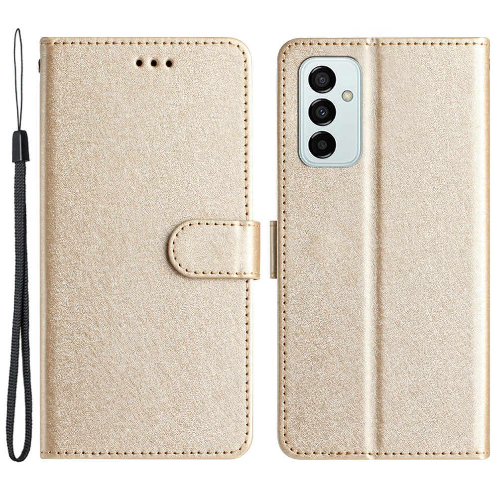 Phone Wallet for Samsung Galaxy M23 5G / F23 5G Silk Texture PU Leather Stand Cover Hand Strap Flip Case - Gold