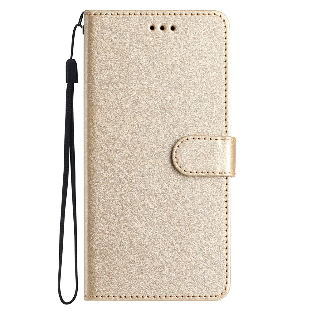 Anti-fall Phone Wallet for Samsung Galaxy M52 5G Silk Texture PU Leather Stand Cover Hand Strap Flip Case - Gold