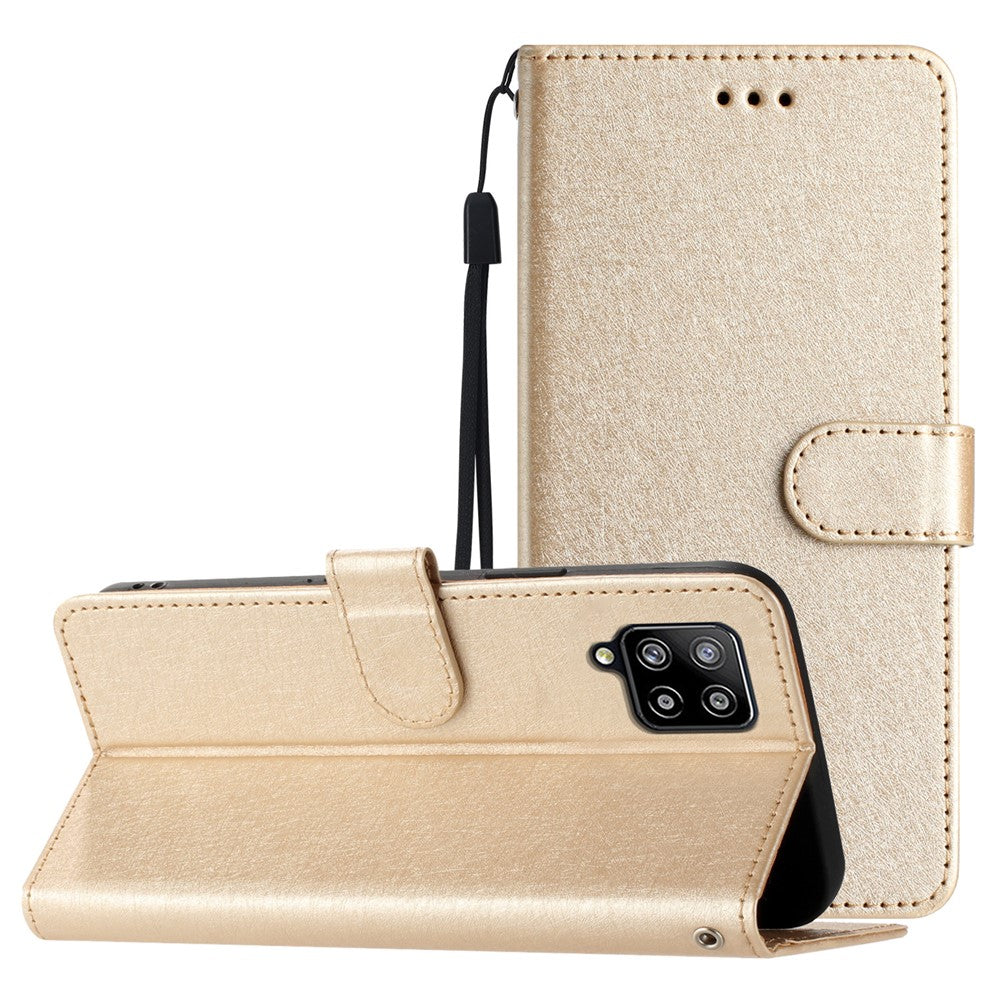 For Samsung Galaxy M32 (Global Version) 4G Wallet Phone Case Foldable Stand Silk Texture Leather Cover - Gold