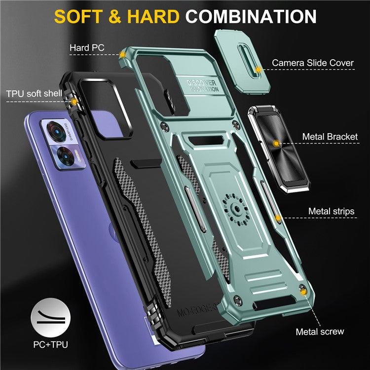 Armor Series For Motorola Edge 30 Neo 5G Kickstand Phone Cover Slide Lens Shield PC+TPU Anti-drop Case - Green