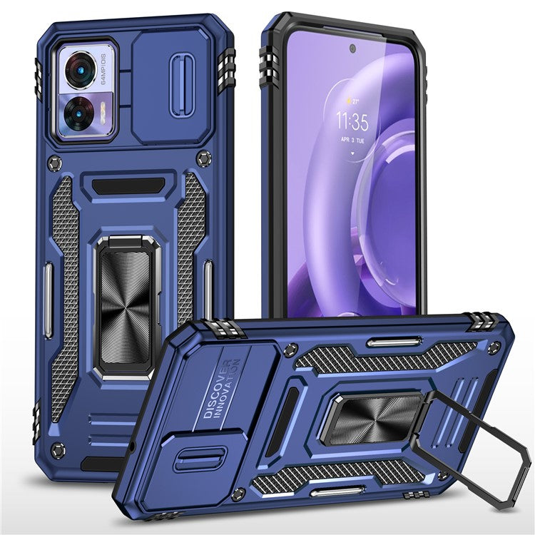 Armor Series For Motorola Edge 30 Neo 5G Kickstand Phone Cover Slide Lens Shield PC+TPU Anti-drop Case - Navy Blue