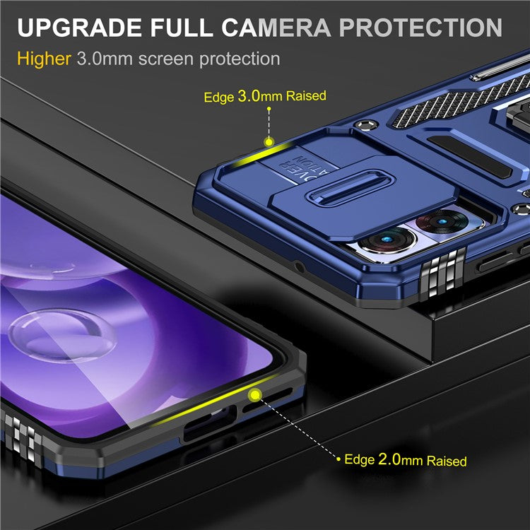 Armor Series For Motorola Edge 30 Neo 5G Kickstand Phone Cover Slide Lens Shield PC+TPU Anti-drop Case - Navy Blue
