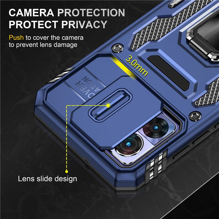 Armor Series For Motorola Edge 30 Neo 5G Kickstand Phone Cover Slide Lens Shield PC+TPU Anti-drop Case - Navy Blue