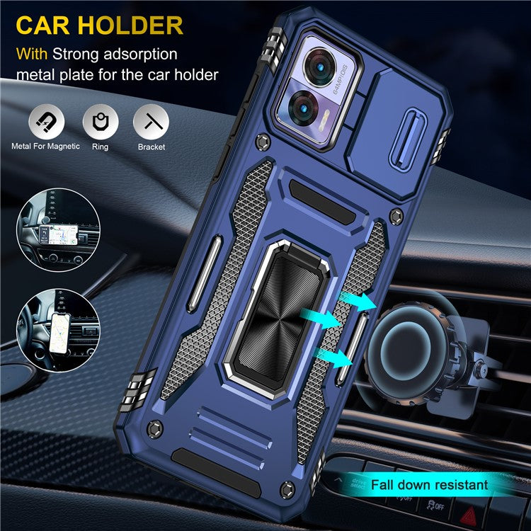 Armor Series For Motorola Edge 30 Neo 5G Kickstand Phone Cover Slide Lens Shield PC+TPU Anti-drop Case - Navy Blue