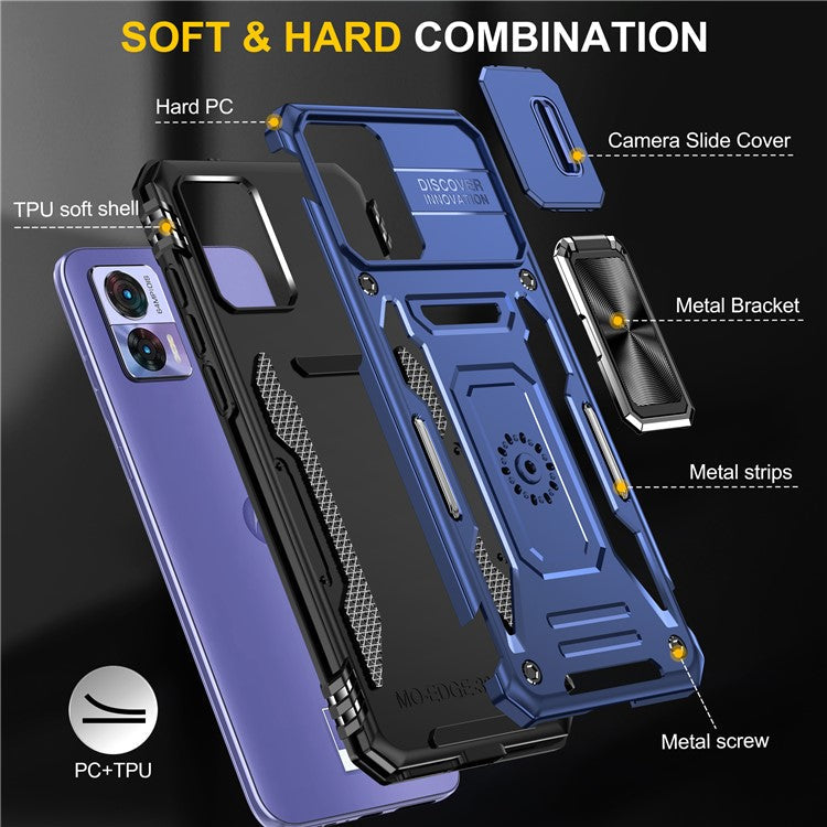Armor Series For Motorola Edge 30 Neo 5G Kickstand Phone Cover Slide Lens Shield PC+TPU Anti-drop Case - Navy Blue