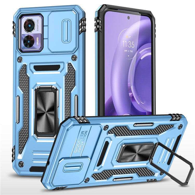 Armor Series For Motorola Edge 30 Neo 5G Kickstand Phone Cover Slide Lens Shield PC+TPU Anti-drop Case - Light Blue