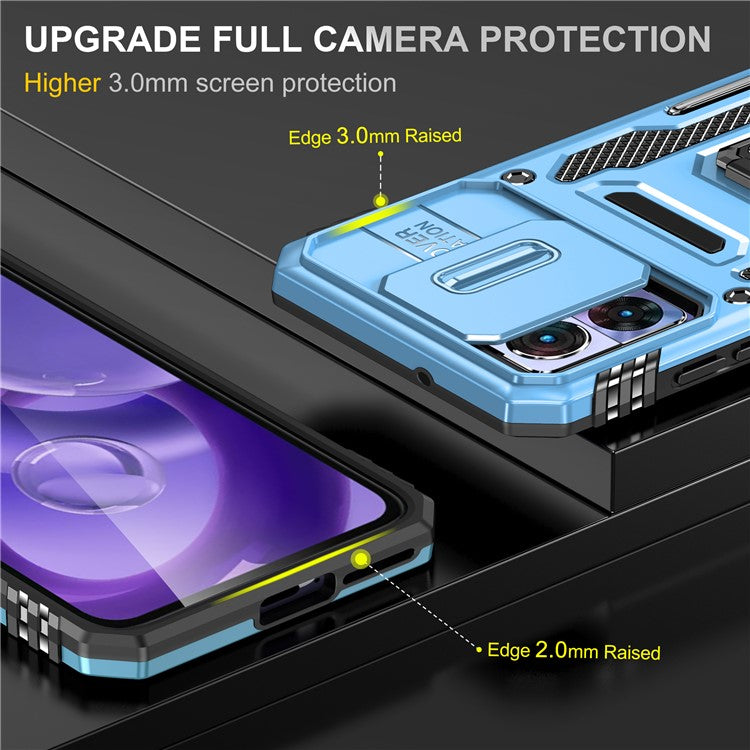 Armor Series For Motorola Edge 30 Neo 5G Kickstand Phone Cover Slide Lens Shield PC+TPU Anti-drop Case - Light Blue
