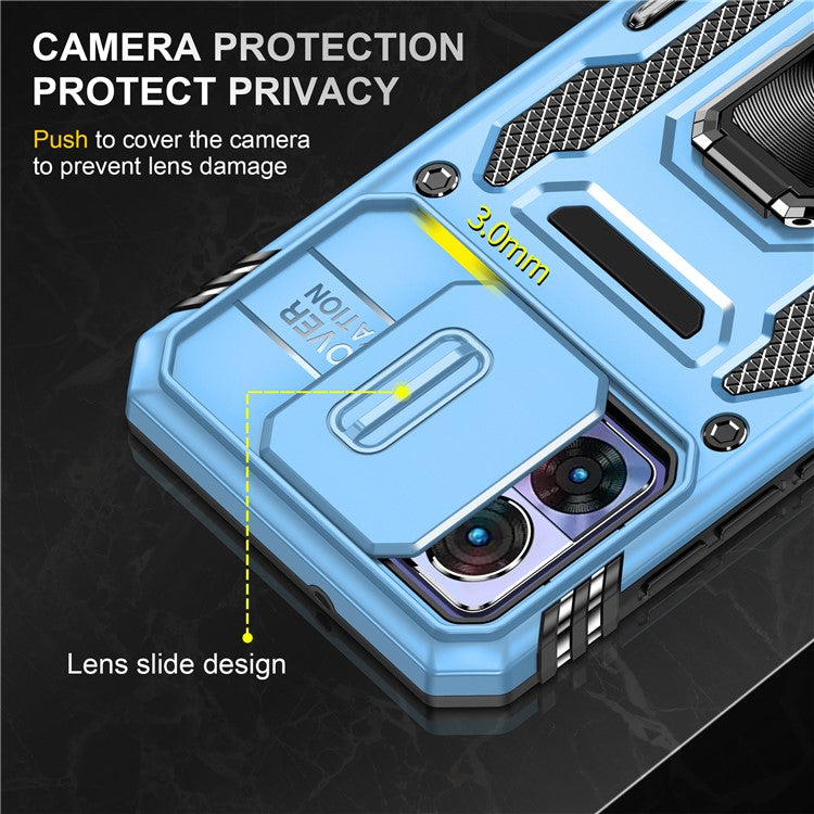 Armor Series For Motorola Edge 30 Neo 5G Kickstand Phone Cover Slide Lens Shield PC+TPU Anti-drop Case - Light Blue