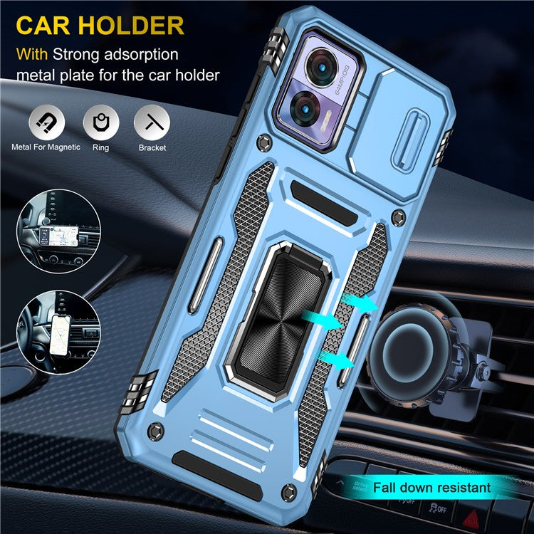 Armor Series For Motorola Edge 30 Neo 5G Kickstand Phone Cover Slide Lens Shield PC+TPU Anti-drop Case - Light Blue
