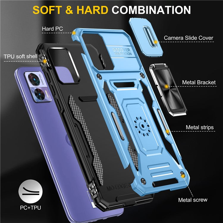 Armor Series For Motorola Edge 30 Neo 5G Kickstand Phone Cover Slide Lens Shield PC+TPU Anti-drop Case - Light Blue