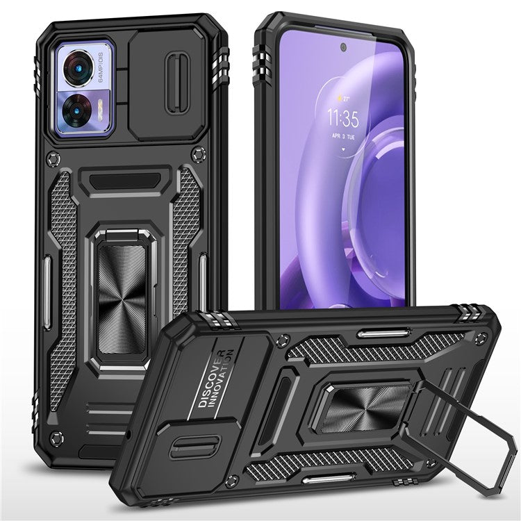 Armor Series For Motorola Edge 30 Neo 5G Kickstand Phone Cover Slide Lens Shield PC+TPU Anti-drop Case - Black