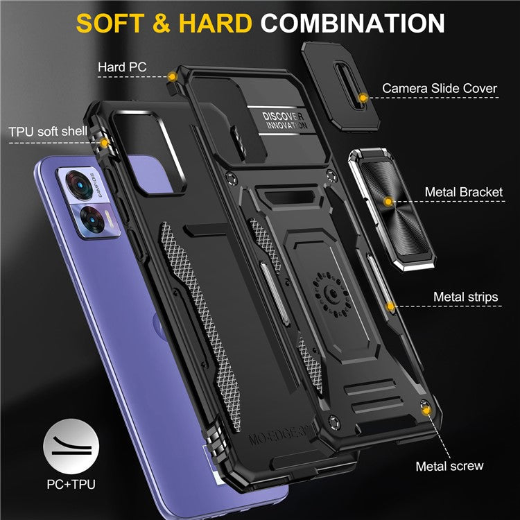 Armor Series For Motorola Edge 30 Neo 5G Kickstand Phone Cover Slide Lens Shield PC+TPU Anti-drop Case - Black