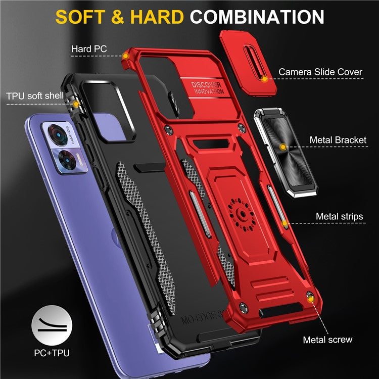 Armor Series For Motorola Edge 30 Neo 5G Kickstand Phone Cover Slide Lens Shield PC+TPU Anti-drop Case - Red