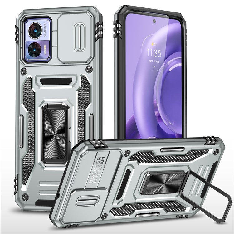 Armor Series For Motorola Edge 30 Neo 5G Kickstand Phone Cover Slide Lens Shield PC+TPU Anti-drop Case - Grey