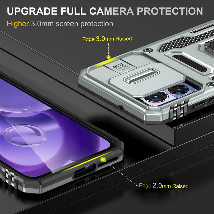 Armor Series For Motorola Edge 30 Neo 5G Kickstand Phone Cover Slide Lens Shield PC+TPU Anti-drop Case - Grey