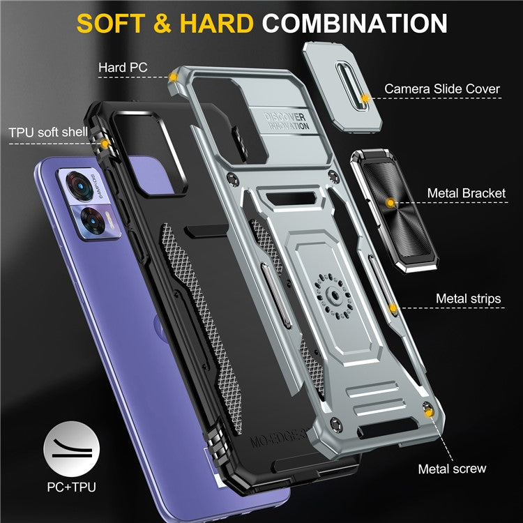 Armor Series For Motorola Edge 30 Neo 5G Kickstand Phone Cover Slide Lens Shield PC+TPU Anti-drop Case - Grey
