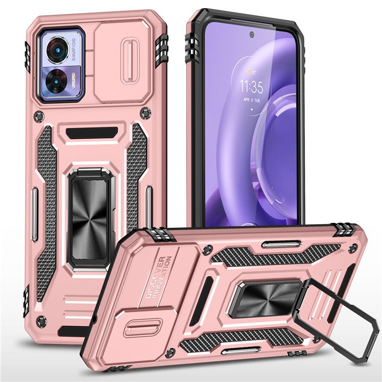 Armor Series For Motorola Edge 30 Neo 5G Kickstand Phone Cover Slide Lens Shield PC+TPU Anti-drop Case - Rose Gold