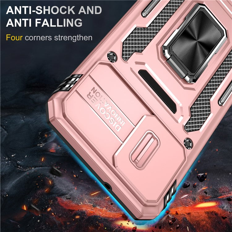 Armor Series For Motorola Edge 30 Neo 5G Kickstand Phone Cover Slide Lens Shield PC+TPU Anti-drop Case - Rose Gold