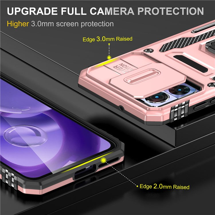 Armor Series For Motorola Edge 30 Neo 5G Kickstand Phone Cover Slide Lens Shield PC+TPU Anti-drop Case - Rose Gold