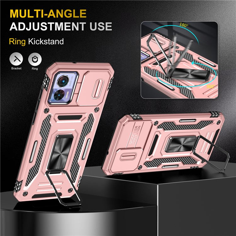 Armor Series For Motorola Edge 30 Neo 5G Kickstand Phone Cover Slide Lens Shield PC+TPU Anti-drop Case - Rose Gold