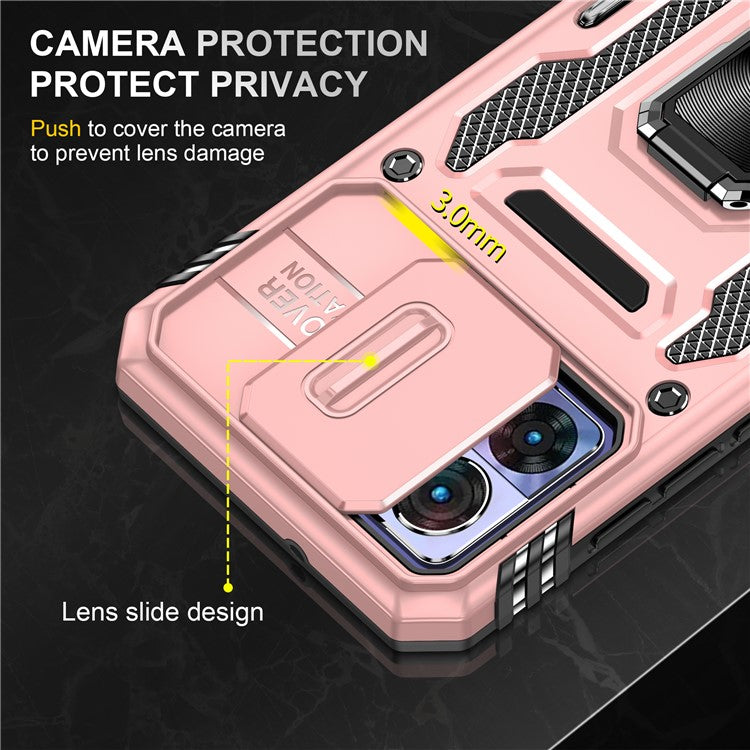 Armor Series For Motorola Edge 30 Neo 5G Kickstand Phone Cover Slide Lens Shield PC+TPU Anti-drop Case - Rose Gold